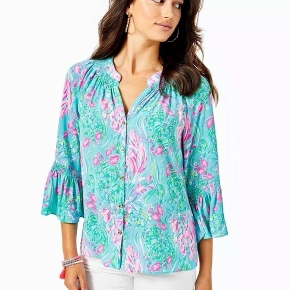 Lilly‎ Pulitzer Women's Dakota Blouse Top In Amalfi Blue RRP $128